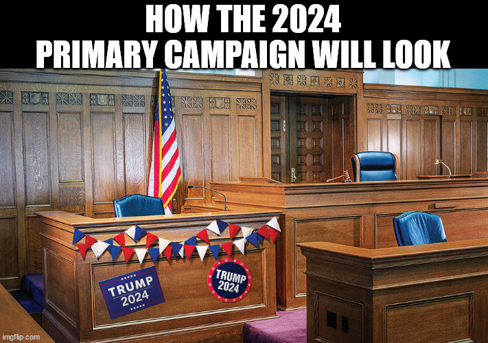 found the picture on Twitter (I refuse to call it X) | HOW THE 2024 PRIMARY CAMPAIGN WILL LOOK | image tagged in donald trump | made w/ Imgflip meme maker