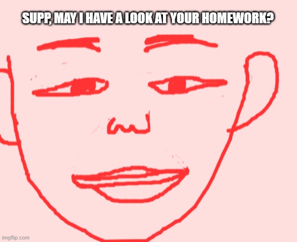 Homework Frenzy1!!! | SUPP, MAY I HAVE A LOOK AT YOUR HOMEWORK? | image tagged in drawn face,cheating,homework,muhahahha,aint gon stop me,who is that | made w/ Imgflip meme maker
