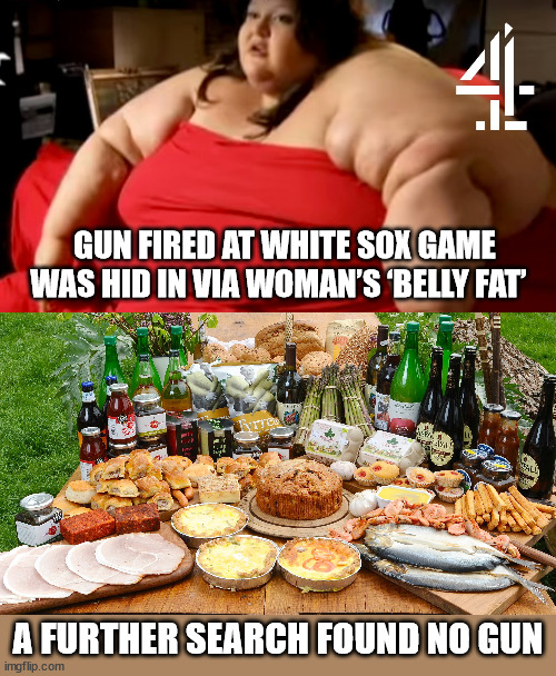 GUN FIRED AT WHITE SOX GAME WAS HID IN VIA WOMAN’S ‘BELLY FAT’; A FURTHER SEARCH FOUND NO GUN | image tagged in yo mamas so fat,gun control | made w/ Imgflip meme maker