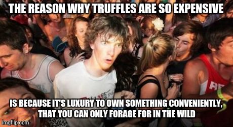 Sudden Clarity Clarence | THE REASON WHY TRUFFLES ARE SO EXPENSIVE IS BECAUSE IT'S LUXURY TO OWN SOMETHING CONVENIENTLY, THAT YOU CAN ONLY FORAGE FOR IN THE WILD | image tagged in memes,sudden clarity clarence | made w/ Imgflip meme maker