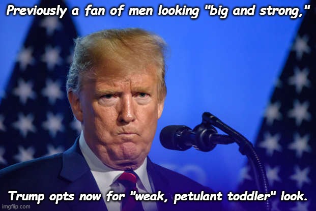Trump face | Previously a fan of men looking "big and strong,"; Trump opts now for "weak, petulant toddler" look. | image tagged in trump face | made w/ Imgflip meme maker