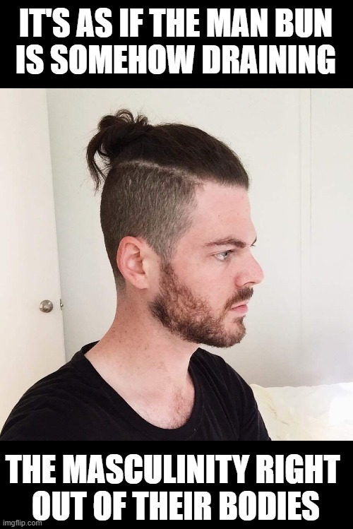 Man Bun | IT'S AS IF THE MAN BUN
IS SOMEHOW DRAINING; THE MASCULINITY RIGHT 
OUT OF THEIR BODIES | image tagged in man bun | made w/ Imgflip meme maker