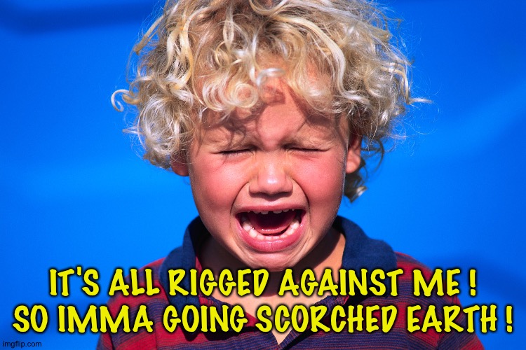 Funny Crying little boy | IT'S ALL RIGGED AGAINST ME !
SO IMMA GOING SCORCHED EARTH ! | image tagged in funny crying little boy | made w/ Imgflip meme maker