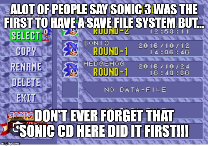 Proof that Sonic CD was the first ever Sonic game to have a save feature | ALOT OF PEOPLE SAY SONIC 3 WAS THE FIRST TO HAVE A SAVE FILE SYSTEM BUT... DON'T EVER FORGET THAT SONIC CD HERE DID IT FIRST!!! | image tagged in sonic cd,sonic cd memes,sonic,sonic the hedgehog,sonic cd is the first sonic game to have a save feature | made w/ Imgflip meme maker