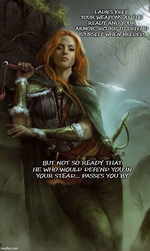 Female Warrior  | LADIES KEEP YOUR WEAPONS AT THE READY AND YOUR ARMOR SECURE TO DEFEND YOURSELF WHEN NEEDED, BUT NOT SO READY THAT HE WHO WOULD DEFEND YOU IN YOUR STEAD.... PASSES YOU BY | image tagged in female warrior | made w/ Imgflip meme maker