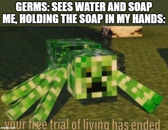 Down with the sickness | GERMS: SEES WATER AND SOAP
ME, HOLDING THE SOAP IN MY HANDS: | image tagged in your free trial of living has ended,wash your hands | made w/ Imgflip meme maker