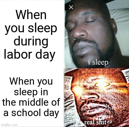 You feel comfortable on labor day but not on no school day | When you sleep during labor day; When you sleep in the middle of a school day | image tagged in memes,sleeping shaq,feeling comfortable sleeping on labor day,feeling worried on a school day | made w/ Imgflip meme maker