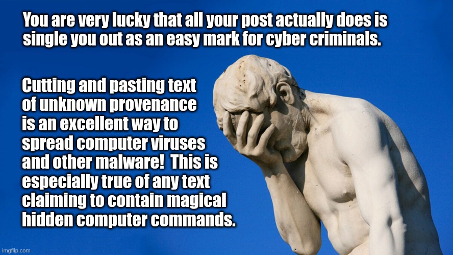 No, that doesn't fix Facebook! | You are very lucky that all your post actually does is
single you out as an easy mark for cyber criminals. Cutting and pasting text
of unknown provenance
is an excellent way to
spread computer viruses
and other malware!  This is
especially true of any text
claiming to contain magical
hidden computer commands. | image tagged in idiocy | made w/ Imgflip meme maker