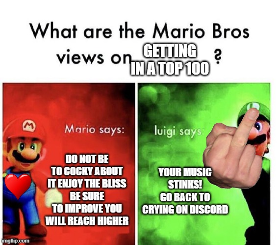 Mario Bros Views | GETTING IN A TOP 100; DO NOT BE TO COCKY ABOUT IT ENJOY THE BLISS
BE SURE TO IMPROVE YOU WILL REACH HIGHER; YOUR MUSIC STINKS!
GO BACK TO CRYING ON DISCORD | image tagged in mario bros views | made w/ Imgflip meme maker