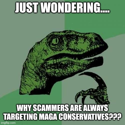 Maga dumb | JUST WONDERING.... WHY SCAMMERS ARE ALWAYS TARGETING MAGA CONSERVATIVES??? | image tagged in conservative,trump,trump supporter,maga,democrat,liberal | made w/ Imgflip meme maker