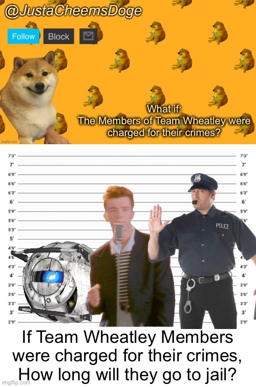 IMGFLIP THEORY: What if Each Team Wheatley Member was Charged for their Crimes | What if:
The Members of Team Wheatley were charged for their crimes? If Team Wheatley Members were charged for their crimes, How long will they go to jail? | image tagged in new justacheemsdoge announcement template | made w/ Imgflip meme maker