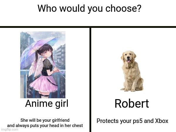 Title | Who would you choose? Robert; Anime girl; Protects your ps5 and Xbox; She will be your girlfriend and always puts your head in her chest | image tagged in who would you choose,memes,funny,dogs | made w/ Imgflip meme maker