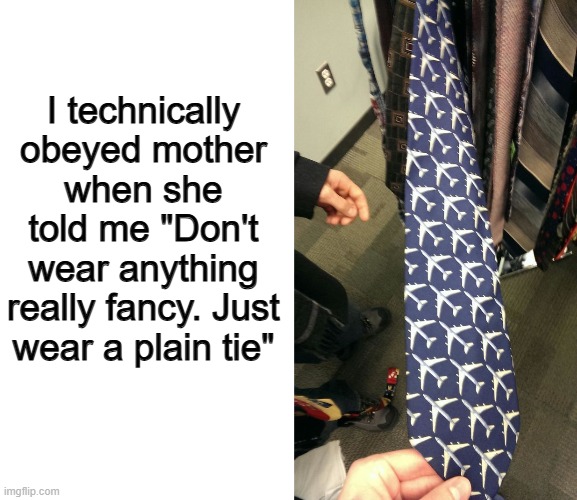 ... | I technically obeyed mother when she told me "Don't wear anything really fancy. Just wear a plain tie" | image tagged in blank white template | made w/ Imgflip meme maker