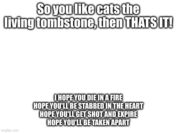 So you like cats the living tombstone, then THATS IT! I HOPE YOU DIE IN A FIRE
HOPE YOU'LL BE STABBED IN THE HEART
HOPE YOU'LL GET SHOT AND  | made w/ Imgflip meme maker