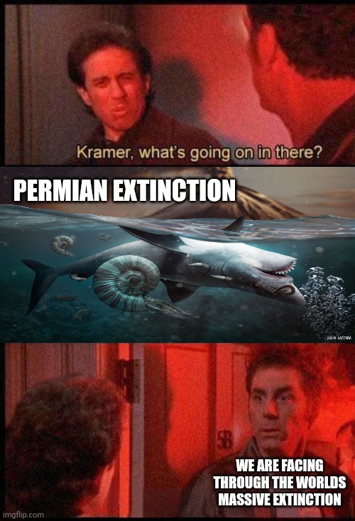 PERMIAN EXTINCTION | PERMIAN EXTINCTION; WE ARE FACING THROUGH THE WORLDS MASSIVE EXTINCTION | image tagged in kramer what's going on in there,history,historical meme | made w/ Imgflip meme maker