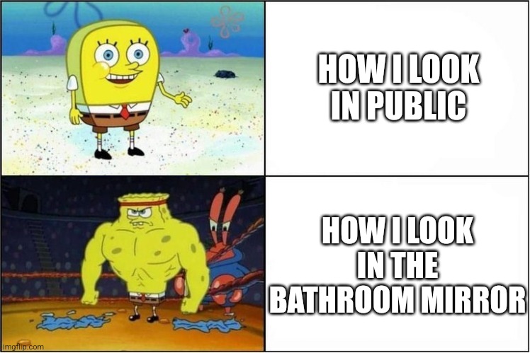 I can't think of a good name for this | HOW I LOOK IN PUBLIC; HOW I LOOK IN THE BATHROOM MIRROR | image tagged in weak vs strong spongebob | made w/ Imgflip meme maker