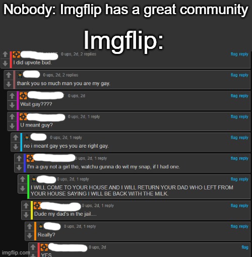 Imgflip can be weird | Imgflip:; Nobody: Imgflip has a great community | image tagged in imgflip | made w/ Imgflip meme maker