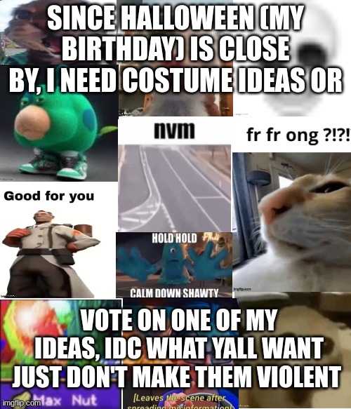 SINCE HALLOWEEN (MY BIRTHDAY) IS CLOSE BY, I NEED COSTUME IDEAS OR; VOTE ON ONE OF MY IDEAS, IDC WHAT YALL WANT JUST DON'T MAKE THEM VIOLENT | made w/ Imgflip meme maker