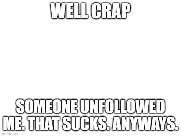 WELL CRAP; SOMEONE UNFOLLOWED ME. THAT SUCKS. ANYWAYS. | made w/ Imgflip meme maker