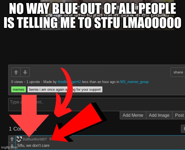 u beg on the internet for attention i dont wanna hear it | NO WAY BLUE OUT OF ALL PEOPLE IS TELLING ME TO STFU LMAOOOOO | image tagged in tag | made w/ Imgflip meme maker