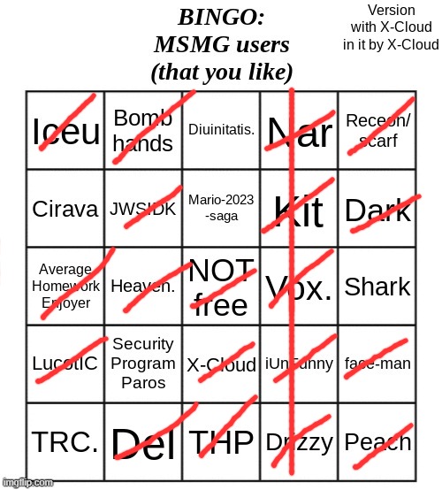 Msmg bingo with X-Cloud | image tagged in msmg bingo with x-cloud | made w/ Imgflip meme maker