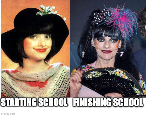 Nina Hagen then vs. now | STARTING SCHOOL; FINISHING SCHOOL | image tagged in nina hagen then vs now | made w/ Imgflip meme maker