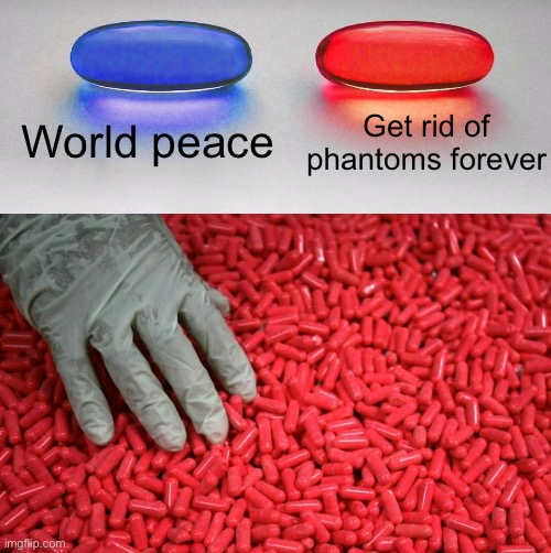 Everyone who voted for the phantom gets their account deleted | World peace; Get rid of phantoms forever | image tagged in blue or red pill | made w/ Imgflip meme maker