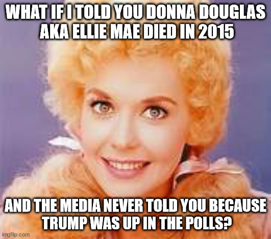 What if It is worse than we think? | WHAT IF I TOLD YOU DONNA DOUGLAS
 AKA ELLIE MAE DIED IN 2015; AND THE MEDIA NEVER TOLD YOU BECAUSE
 TRUMP WAS UP IN THE POLLS? | image tagged in what if i told you,deception,politics | made w/ Imgflip meme maker