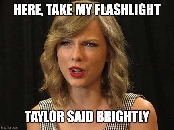 Taylor said brightly | HERE, TAKE MY FLASHLIGHT; TAYLOR SAID BRIGHTLY | image tagged in taylor swiftie | made w/ Imgflip meme maker