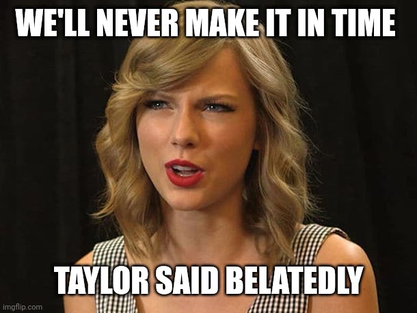 Taylor said belatedly | WE'LL NEVER MAKE IT IN TIME; TAYLOR SAID BELATEDLY | image tagged in taylor swiftie | made w/ Imgflip meme maker