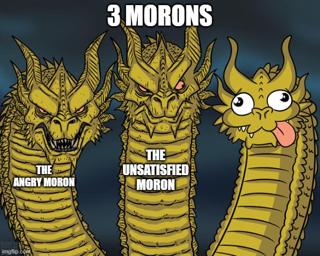 Three-headed Dragon | 3 MORONS; THE UNSATISFIED MORON; THE ANGRY MORON | image tagged in three-headed dragon | made w/ Imgflip meme maker