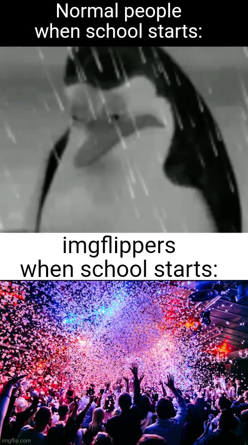 "imgflip is ALIVE!!!" (#3,538) | Normal people when school starts:; imgflippers when school starts: | image tagged in sadge,memes,imgflip,school,true,party | made w/ Imgflip meme maker