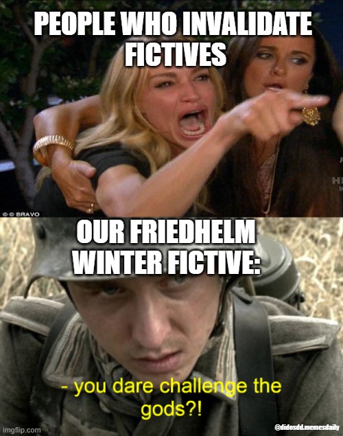 didosddfictivememe | PEOPLE WHO INVALIDATE 
FICTIVES; OUR FRIEDHELM WINTER FICTIVE:; @didosdd.memesdaily | image tagged in didosddsystemmeme | made w/ Imgflip meme maker