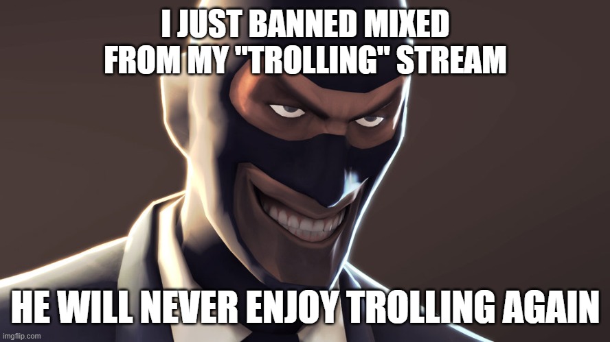 One W for us soldiers | I JUST BANNED MIXED FROM MY "TROLLING" STREAM; HE WILL NEVER ENJOY TROLLING AGAIN | image tagged in tf2 spy face,trolling,funny | made w/ Imgflip meme maker