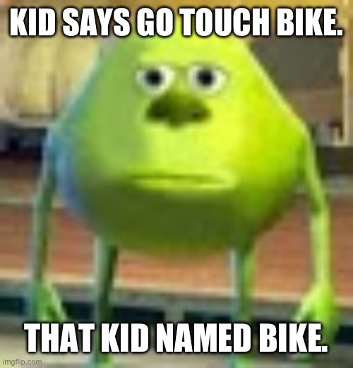 Kid Named Bike. | KID SAYS GO TOUCH BIKE. THAT KID NAMED BIKE. | image tagged in sully wazowski | made w/ Imgflip meme maker