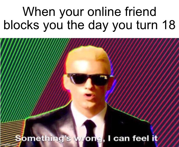 Whoops | When your online friend blocks you the day you turn 18 | image tagged in something s wrong,memes,funny,dark humor,pedophile | made w/ Imgflip meme maker