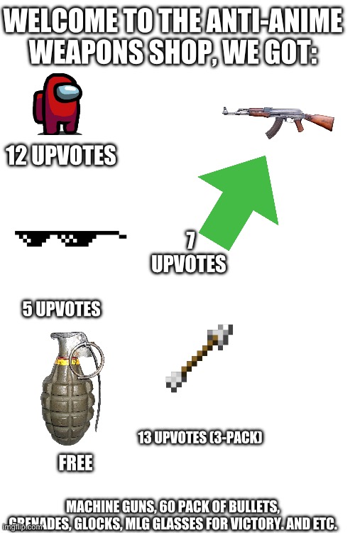 I set up my shop. Come in anytime before the attack starts. | WELCOME TO THE ANTI-ANIME WEAPONS SHOP, WE GOT:; 12 UPVOTES; 7 UPVOTES; 5 UPVOTES; 13 UPVOTES (3-PACK); FREE; MACHINE GUNS, 60 PACK OF BULLETS, GRENADES, GLOCKS, MLG GLASSES FOR VICTORY. AND ETC. | made w/ Imgflip meme maker