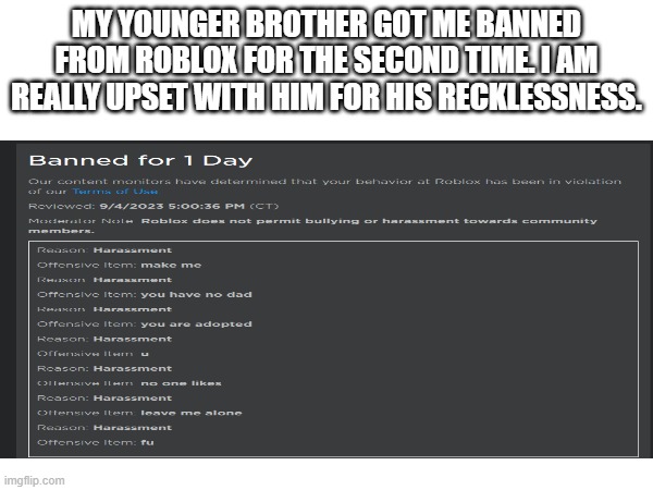 i am not going to forgive my younger brother for this... | MY YOUNGER BROTHER GOT ME BANNED FROM ROBLOX FOR THE SECOND TIME. I AM REALLY UPSET WITH HIM FOR HIS RECKLESSNESS. | image tagged in help,what do i do | made w/ Imgflip meme maker