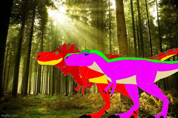 Tyrex and Razer walking through the forest | image tagged in sunlit forest | made w/ Imgflip meme maker