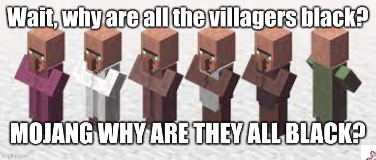 I'm not racist I swear | Wait, why are all the villagers black? MOJANG WHY ARE THEY ALL BLACK? | image tagged in why,are,they,black | made w/ Imgflip meme maker