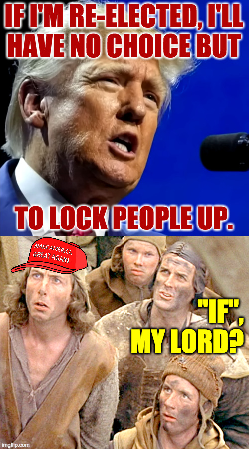 Oopsie. | IF I'M RE-ELECTED, I'LL
HAVE NO CHOICE BUT; TO LOCK PEOPLE UP. "IF", MY LORD? | image tagged in memes,trump,oopsie | made w/ Imgflip meme maker
