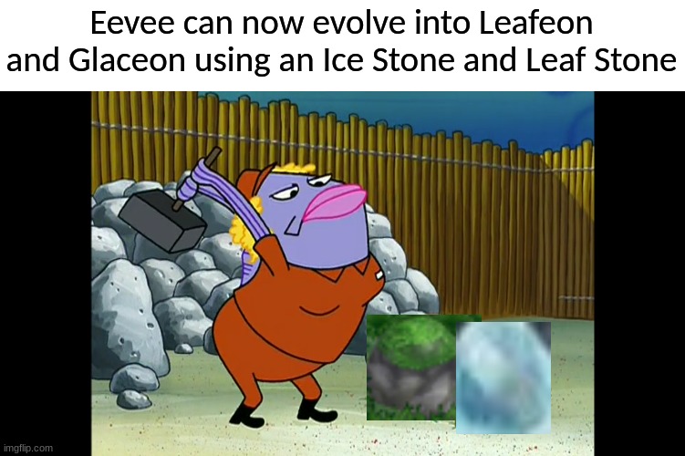 Pokemon Evolution | Eevee can now evolve into Leafeon and Glaceon using an Ice Stone and Leaf Stone | image tagged in pokemon,video games,gaming,memes | made w/ Imgflip meme maker