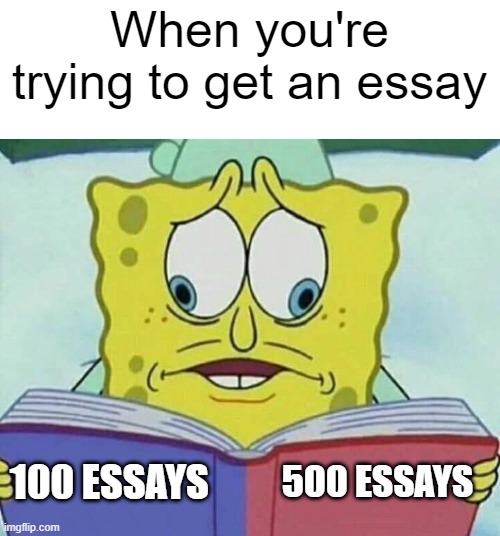 I wrote an essay | When you're trying to get an essay; 500 ESSAYS; 100 ESSAYS | image tagged in cross eyed spongebob,memes | made w/ Imgflip meme maker
