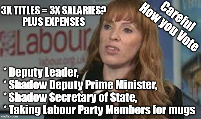 Angela Rayner - 3x titles = 3x Salaries? Plus expenses | 3X TITLES = 3X SALARIES?
PLUS EXPENSES; Careful
How you Vote; * Deputy Leader, 
* Shadow Deputy Prime Minister,
* Shadow Secretary of State,
* Taking Labour Party Members for mugs; #Immigration #Starmerout #Labour #wearecorbyn #KeirStarmer #DianeAbbott #McDonnell #cultofcorbyn #labourisdead #labourracism #socialistsunday #nevervotelabour #socialistanyday #Antisemitism #Savile #SavileGate #Paedo #Worboys #GroomingGangs #Paedophile #IllegalImmigration #Immigrants #Invasion #StarmerResign #Starmeriswrong #SirSoftie #SirSofty #Blair #Steroids #Economy #AR4PM #ShadowPM #ShadowDeputyPM #Rayner #AngelaRayner | image tagged in angela rayner labour,labourisdead,illegal immigration,starmerout getstarmerout,stop boats rwanda echr,just stop oil ulez | made w/ Imgflip meme maker