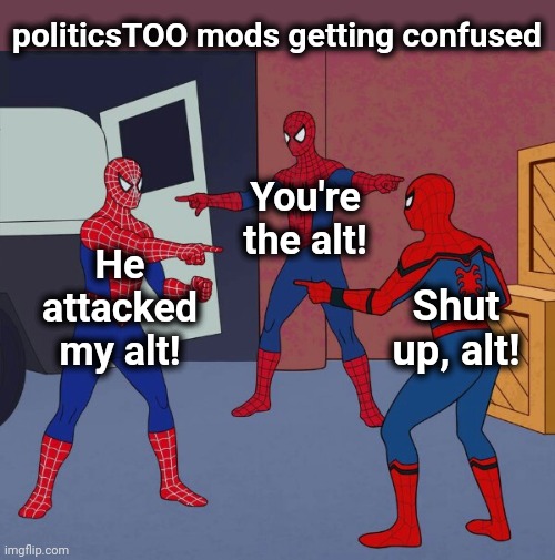 Spider Man Triple | He
attacked
my alt! You're the alt! Shut up, alt! politicsTOO mods getting confused | image tagged in spider man triple | made w/ Imgflip meme maker