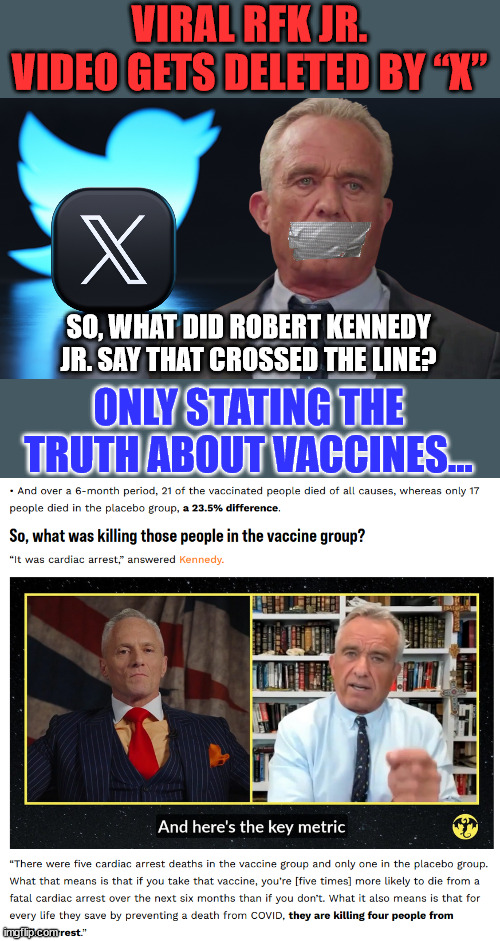 “It was cardiac arrest” | VIRAL RFK JR. VIDEO GETS DELETED BY “X”; SO, WHAT DID ROBERT KENNEDY JR. SAY THAT CROSSED THE LINE? ONLY STATING THE TRUTH ABOUT VACCINES... | image tagged in kennedy,covid vaccine,truth,censored | made w/ Imgflip meme maker