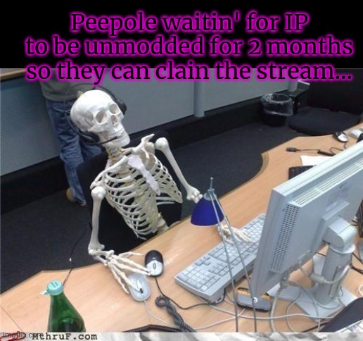 Imgflip Presidents lore | Peepole waitin' for IP to be unmodded for 2 months so they can clain the stream... | image tagged in waiting skeleton,imgflip,presidents,lore | made w/ Imgflip meme maker