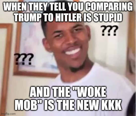 Home improvement eruhhh? | WHEN THEY TELL YOU COMPARING TRUMP TO HITLER IS STUPID; AND THE "WOKE MOB" IS THE NEW KKK | image tagged in nick young,huh,bullshit | made w/ Imgflip meme maker