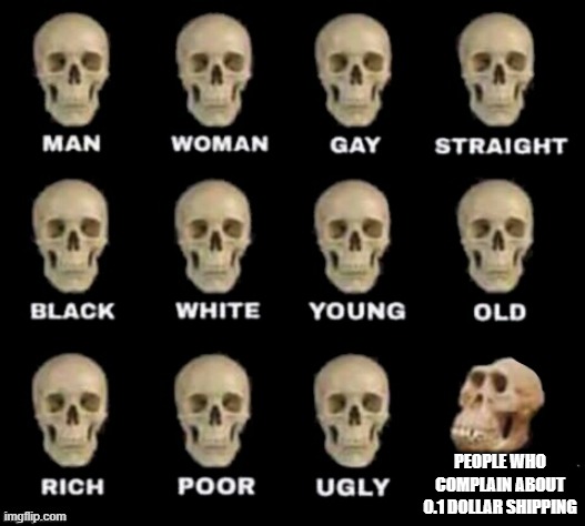 idiot skull | PEOPLE WHO COMPLAIN ABOUT 0.1 DOLLAR SHIPPING | image tagged in idiot skull | made w/ Imgflip meme maker