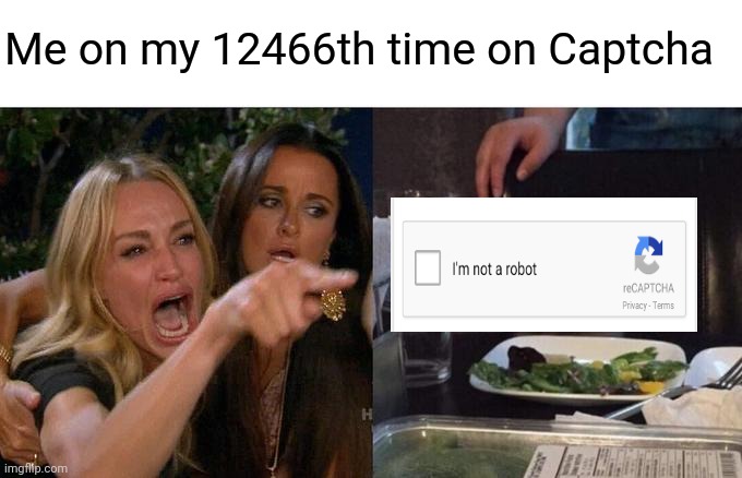 Woman Yelling At Cat | Me on my 12466th time on Captcha | image tagged in memes,woman yelling at cat | made w/ Imgflip meme maker